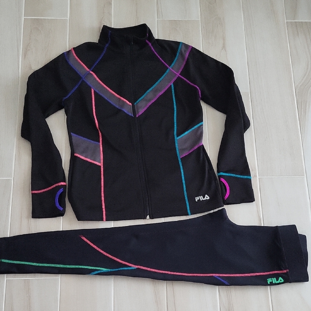 FILA Black Running Tracksuit with Colorful Accents Jacket M / Leggings S